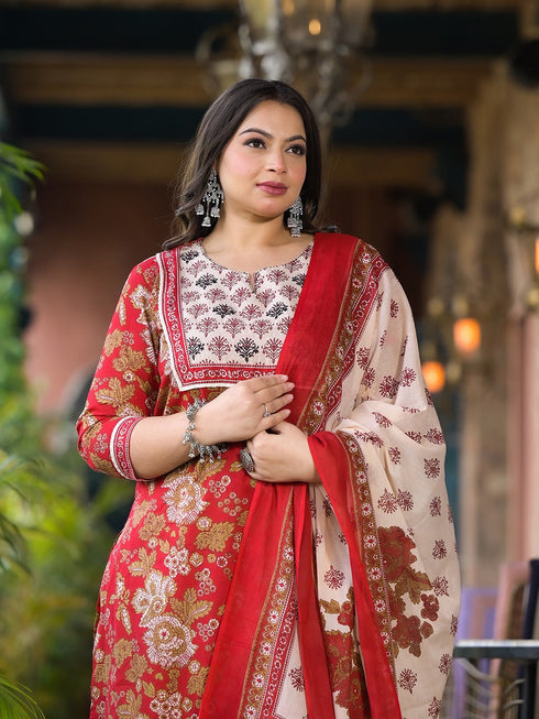 Women Plus Size Maroon Pure Cotton Kurta Set With Dupatta